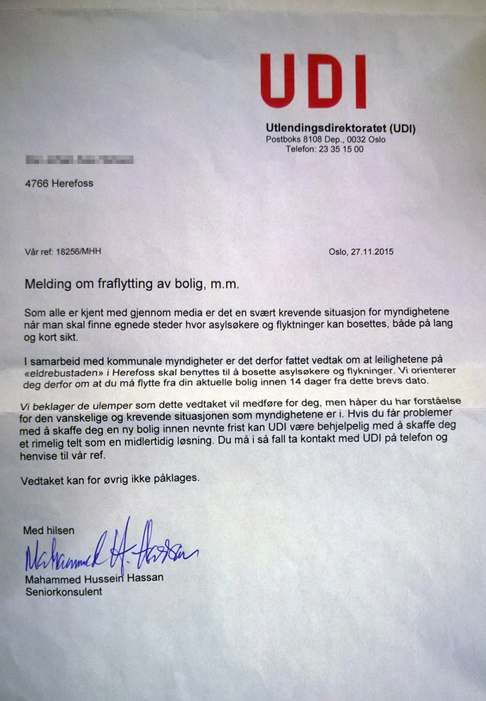 UDI: Slik er brevet som er sendt til en beboer på Herefoss. Birkenes Avisa har sladdet mottakerens navn.